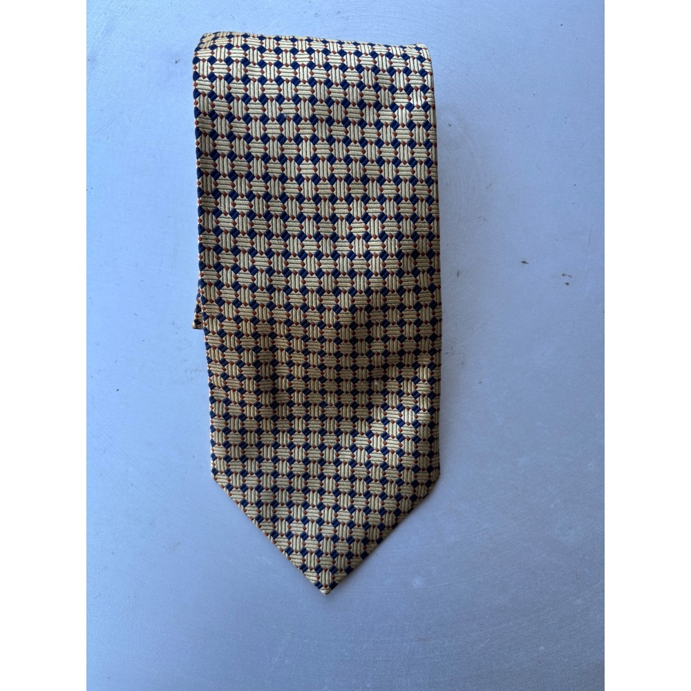 Nautica‎ Mens Silk Tie Gold Navy Blue Burgundy Geometric Diamond Pattern Classic